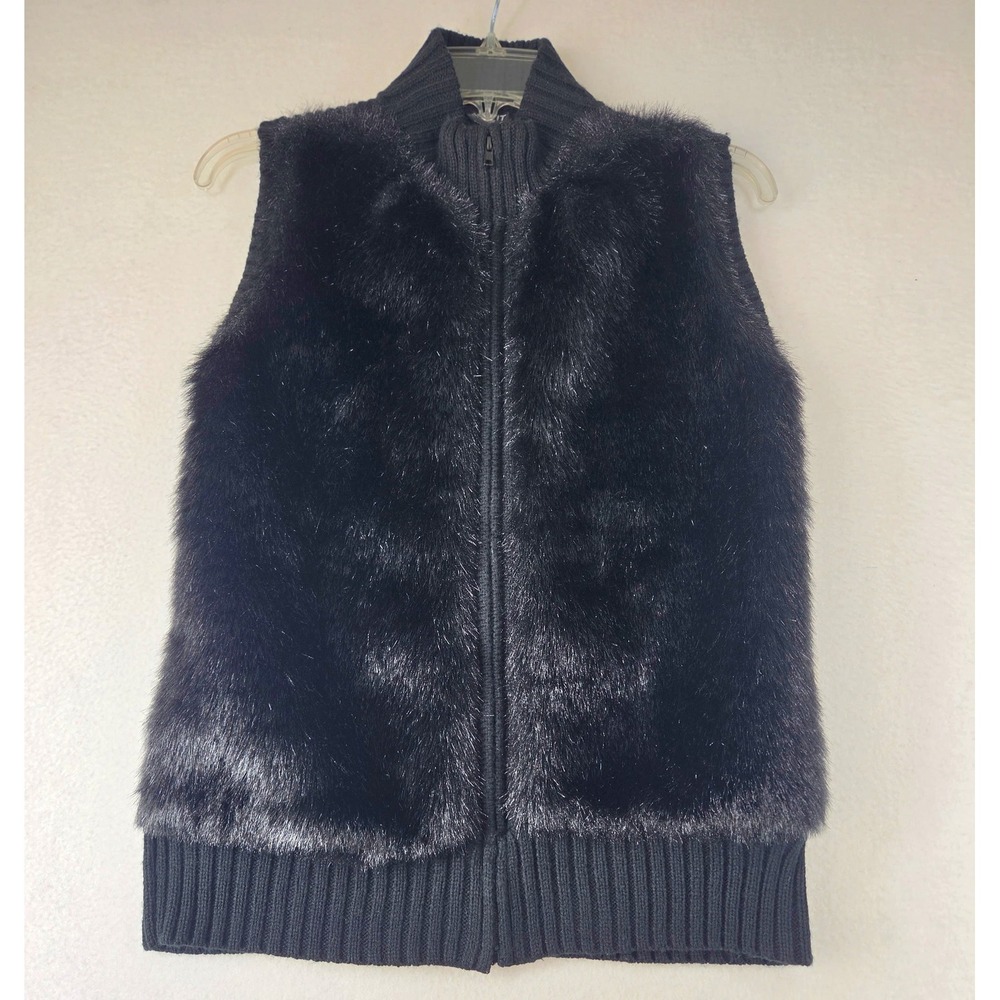 Kikit Original Womens Black Faux Fur Ribbed Knit Full Zip Vest Size Medium